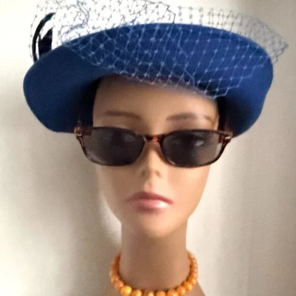 Vintage 50s USA Bollman Tilt Hat Cobalt Royal Blue Wool Brim Veil Feather Fedora